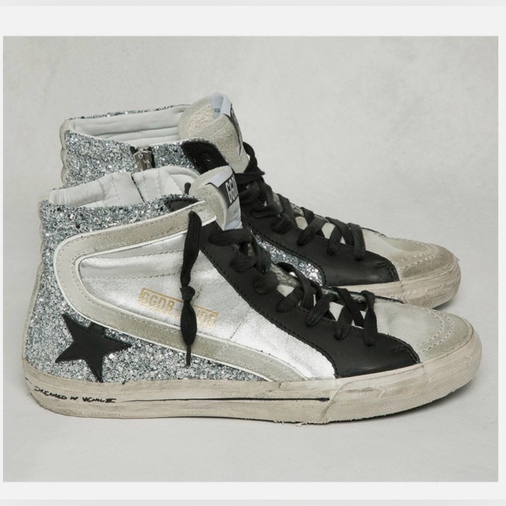 Golden Goose Slide Mid Sneaker Silver Glitter and Black sz 38